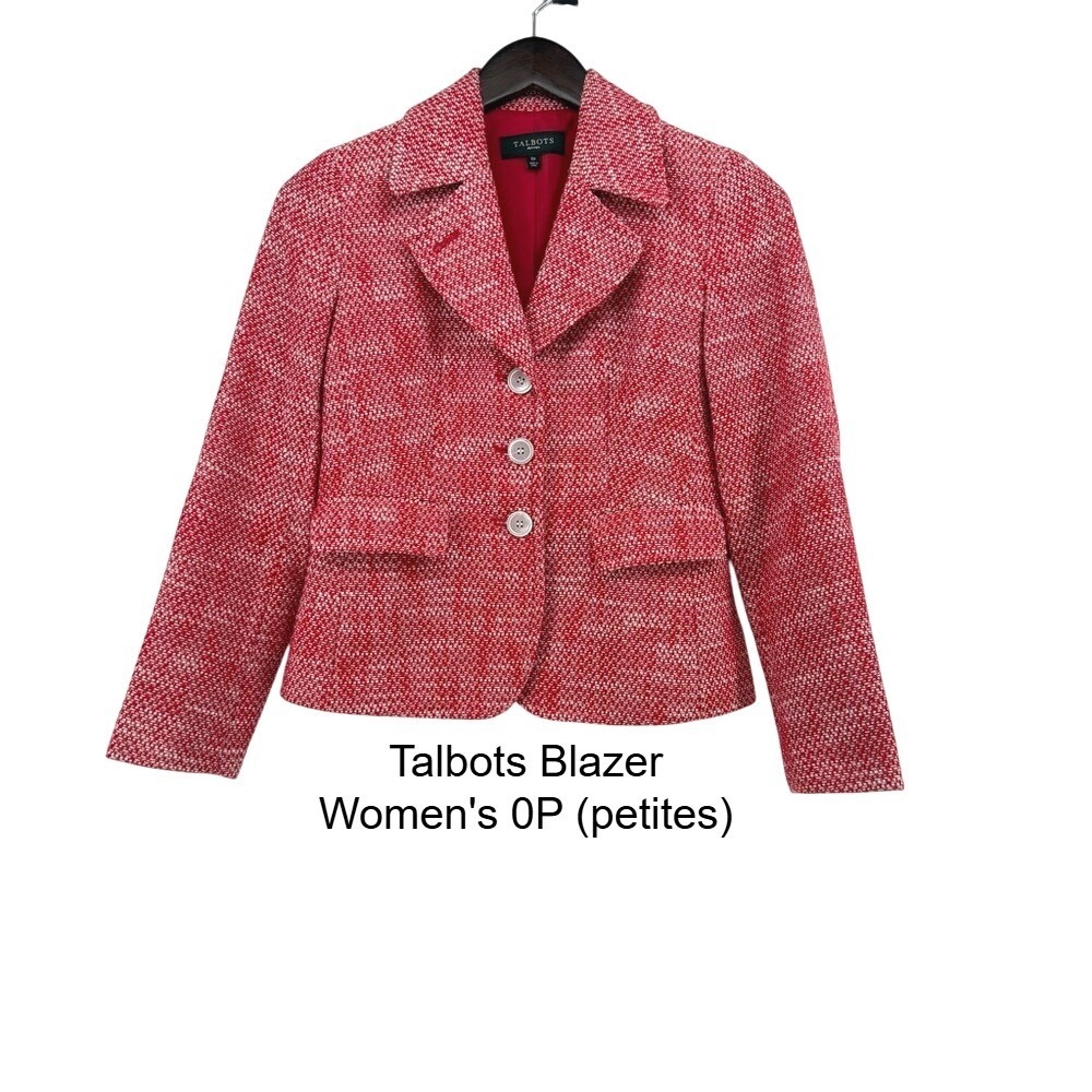 Talbots Red White Tweed Blazer Jacket Petite 0P Button Front Notched Lapel Lined